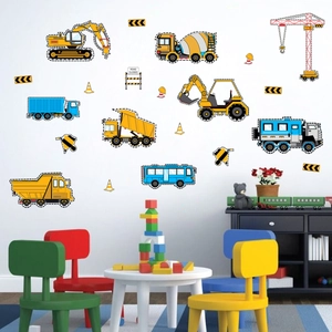 Détail d'autocollants muraux colorés de camions de chantier pour chambre d'enfant
