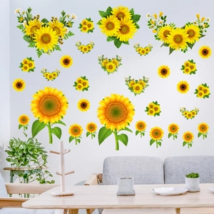Sunflower wall stickers for living room decor with bright yellow flower decals on white wall