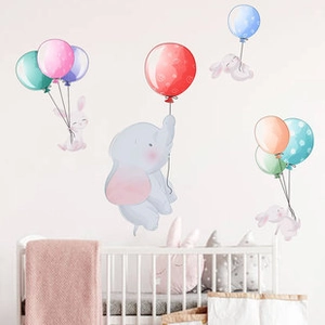 Detailed watercolor wall sticker featuring elephant and rabbits with colorful balloons