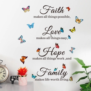 Stickers muraux papillons colorés avec citations Faith Love Hope Family pour la maison