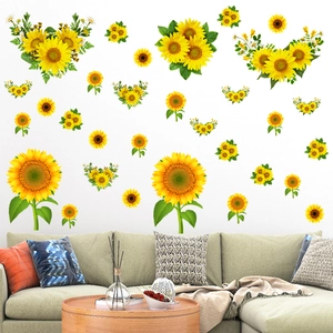 Detailed view of vibrant yellow sunflower wall stickers in a modern living room setting