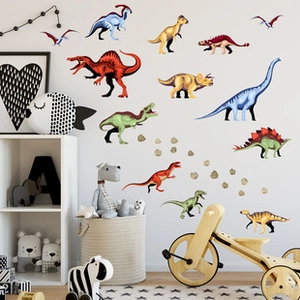 Adesivi murali con dinosauri colorati T-Rex e Triceratops per camera dei bambini