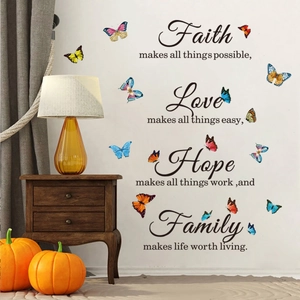 Stickers Muraux Papillon Inspirants Citations Faith Love Hope Family PVC Autocollants Muraux Amovibles Pour Salon Chambre Décor
