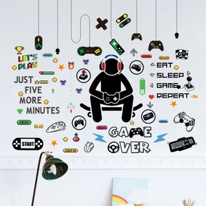 Wandsticker-Set für Gamer mit Headset-Silhouette und bunten Controllern für Jungenzimmer
