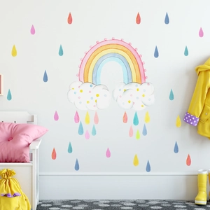 Detaillierte Aquarell-Regenbogen Wandsticker mit Wolken und bunten Tropfen für Kinderzimmer