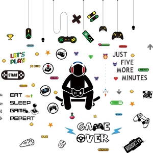 Lebhafte Gamer-Wandaufkleber mit Kopfhörer-Silhouette und Gamecontroller-Stickern fürs Kinderzimmer