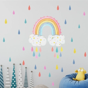 Detailansicht der Aquarell-Regenbogen und Wassertropfen Wandtattoo für Kinderzimmer