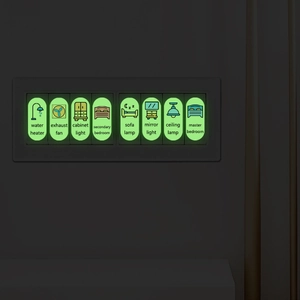 Glow-in-the-dark light switch labels with icons for bathroom bedroom and living room