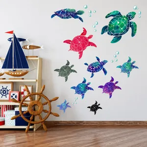 Stickers muraux nautiques avec tortues de mer colorées et bulles bleues pour enfant