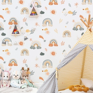 Boho rainbow wall stickers in warm orange and muted green for children's room decoration