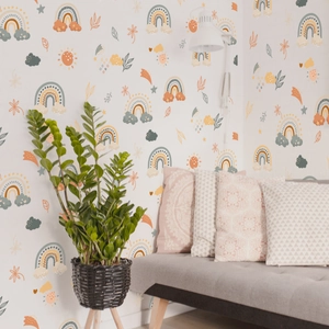 Boho rainbow and botanical wall stickers for nursery decor in soft morandi colors