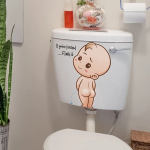 Funny cartoon baby toilet seat sticker with flush reminder text for bathroom decor