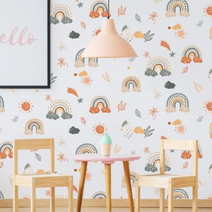 Boho rainbow and sun wall stickers for nursery, watercolor style peel and stick decor