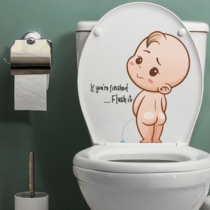 Detail of creative cartoon toddler toilet lid sticker with Flush it typography
