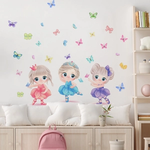 Detailset Wandaufkleber mit Cartoon-Ballerinas und bunten Schmetterlingen im Kinderzimmer
