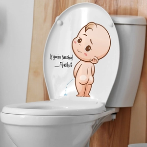 Funny cartoon baby toilet sticker with flush reminder on white ceramic bathroom lid