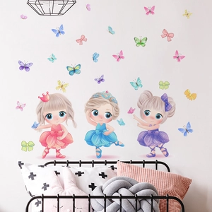 Wandtattoos mit Cartoon-Ballerina-Mädchen und bunten Schmetterlingen für Kinderzimmer