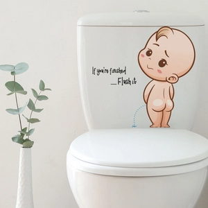 Waterproof cartoon boy sticker with flush reminder text for bathroom toilet decoration