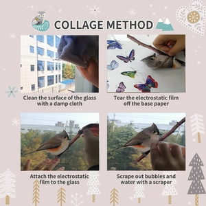 Step-by-step instructions for applying static cling glass stickers with bird patterns