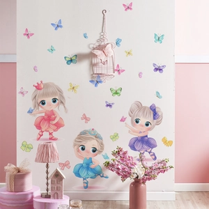 Wandtattoo Set mit Comic-Ballettmädchen und bunten Schmetterlingen für Kinderzimmer