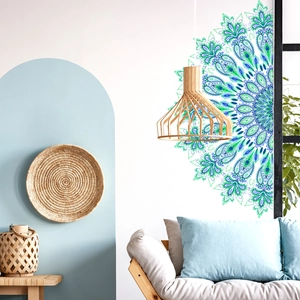 Bohemian mandala wall decal in blue and purple tones for modern living room decor