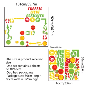 Infographic showing dimensions and layout of the traffic light hopscotch wall sticker set