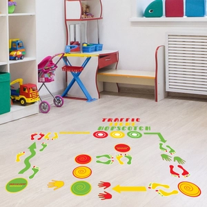 Traffic light hopscotch floor stickers with hand and footprint decals for kids games