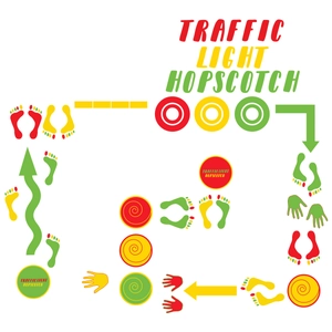 Traffic Light Hopscotch floor stickers set with hand footprints and colorful arrows