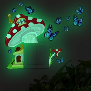 Luminous wall stickers with mushroom house and blue butterflies glowing in the dark