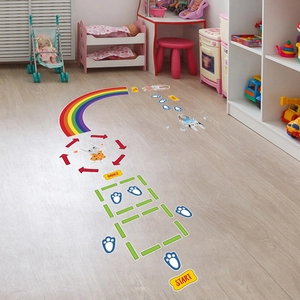 Rainbow Obstacle Course Game Floor Sticker Waterproof PVC Cartoon Rabbit Interactive Decorative Decal For Kids Room Fun