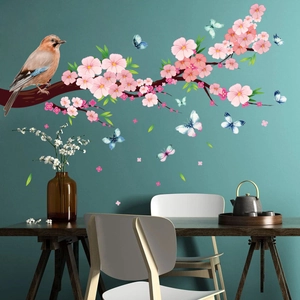 Pink Peach Blossom Branch Bird Butterflies Wall Stickers PVC Removable Floral Decals For Living Room Bedroom Decor