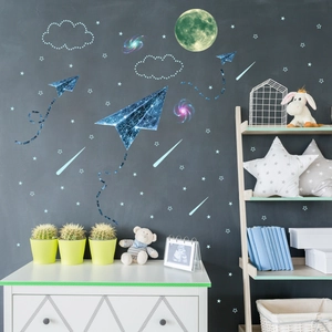 Luminous space wall decals with blue paper planes moon and stars for bedroom decor