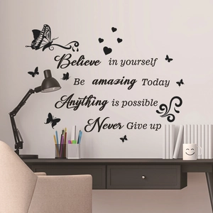 Inspirational Believe wall decal with butterflies and hearts decor for living room