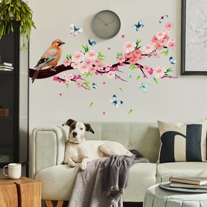 Pink peach blossom wall decal with birds and butterflies for living room decoration
