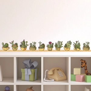Detailed wall sticker showing hand-painted succulent and cactus pots on a white wall decor