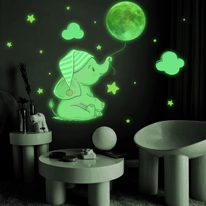 Luminous elephant with moon and stars wall decals for children's room decor