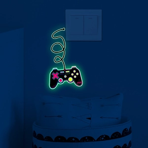 Luminous game controller wall sticker with neon green glow for living room gaming setup