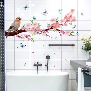 Pink peach blossom wall stickers with birds and butterflies for home decor