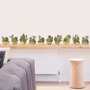 Minimalist hand-drawn succulent wall stickers featuring ten cactus pots for living room decor