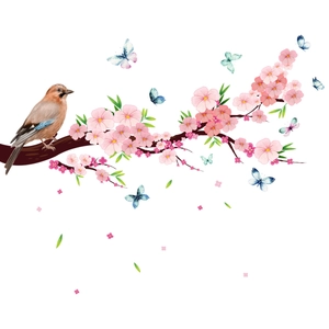 Close-up of peach blossom wall sticker with birds and butterflies in artistic style