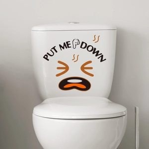 Waterproof vinyl toilet decal with 'Put Me Down' text and funny cartoon facial expression