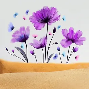 Purple Tulip Flower Butterfly Wall Stickers Waterproof PVC Self Adhesive Decals For Living Room Bedroom Kitchen Home Decor