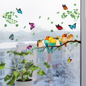 Vibrant birds and butterflies on branch static window stickers for home decoration