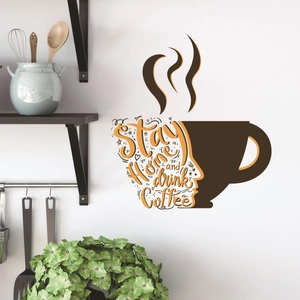 Detail of coffee cup wall decal featuring 'Stay Home and drink Coffee' lettering