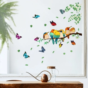 Colorful birds on branch and butterflies wall stickers for window glass decor