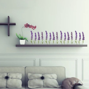Fresh purple lavender wall stickers for home decor on a modern grey living room wall
