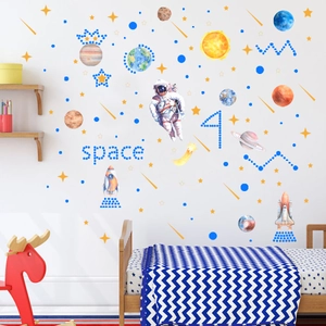 Luminous space astronaut wall stickers with planets and rockets for nursery room decor