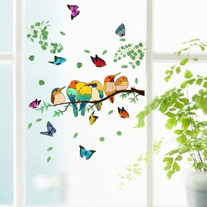 Colorful birds and butterflies on branches, double-sided static window stickers set