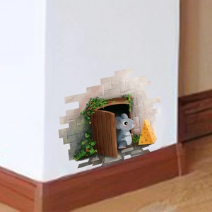 3D cartoon mouse hole wall sticker with realistic brick texture and tiny cheese