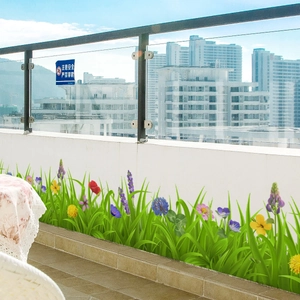 Macro detail of green grass and colorful flower wall decals on a balcony corner